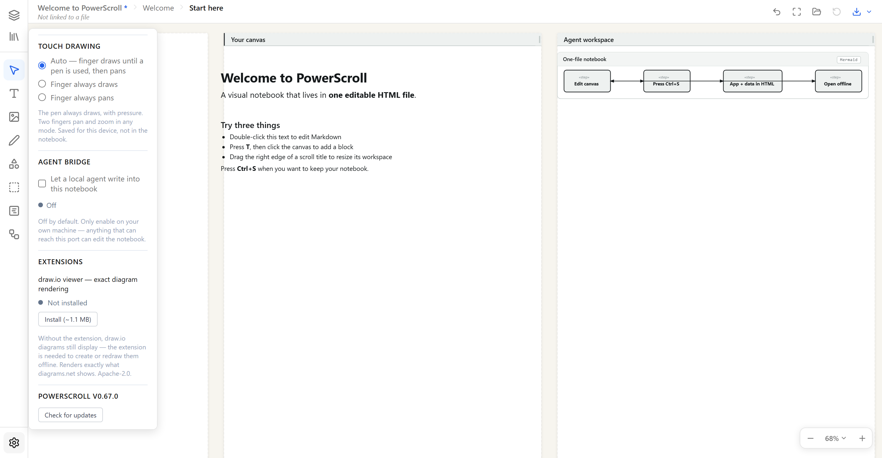 PowerScroll settings showing the local agent bridge beside an editable native diagram