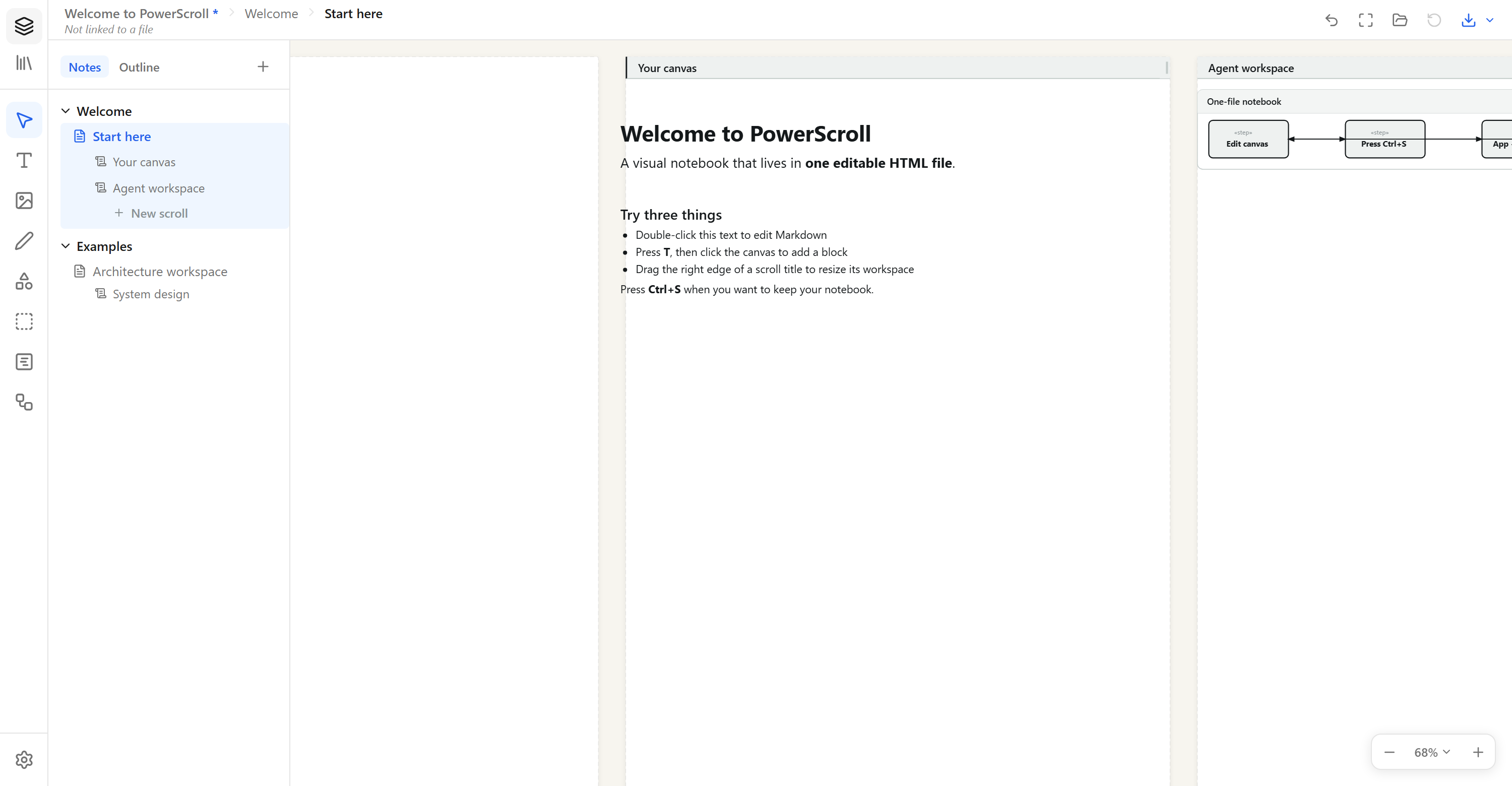PowerScroll canvas with notebook hierarchy, independent scrolls, markdown, and an editable architecture diagram